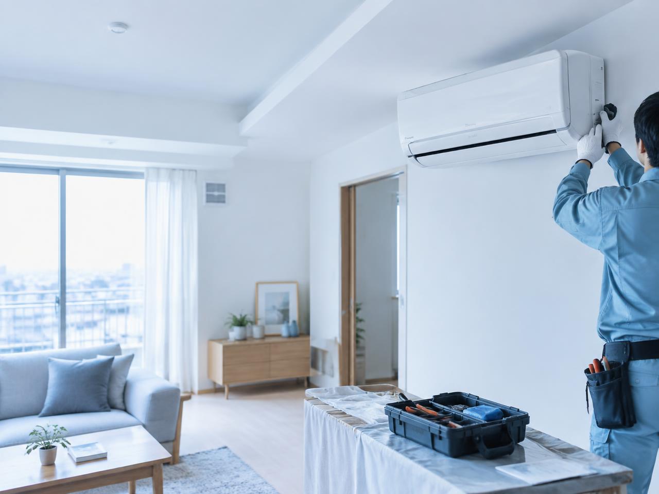 Técnico instalando ar-condicionado em apartamento no Japão